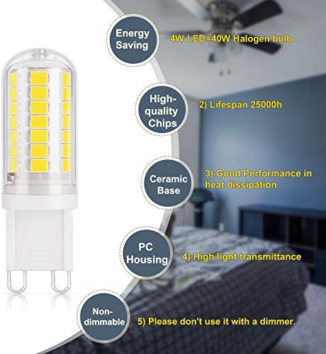DiCUNO G9 LED Bulb Daylight White 5000K, 4W 40W Halogen Equivalent, Chandelier Light Bulbs T4 G9 Bi Pin Base, Non-dimmable 430